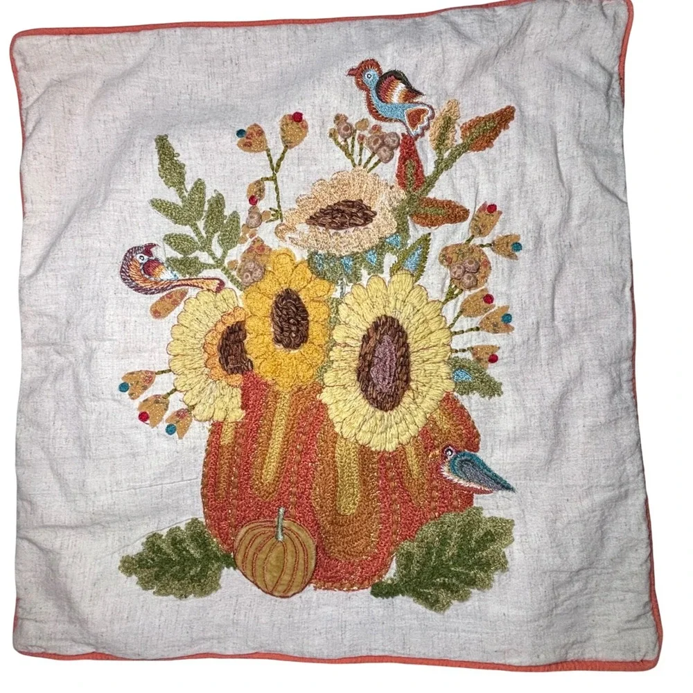 Pier 1 Pillow Cover Cream Orange Embroidered Sunflower Fall Harvest Floral Bird